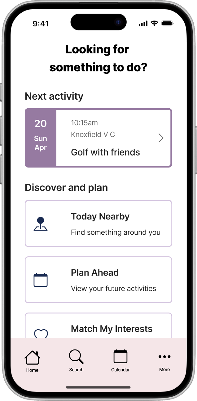 High fidelity mobile prototype of the home screen of the activity planner app.